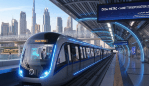 Dubai’s New Infrastructure Wave: Metro train moving on elevated tracks with city skyline in the background